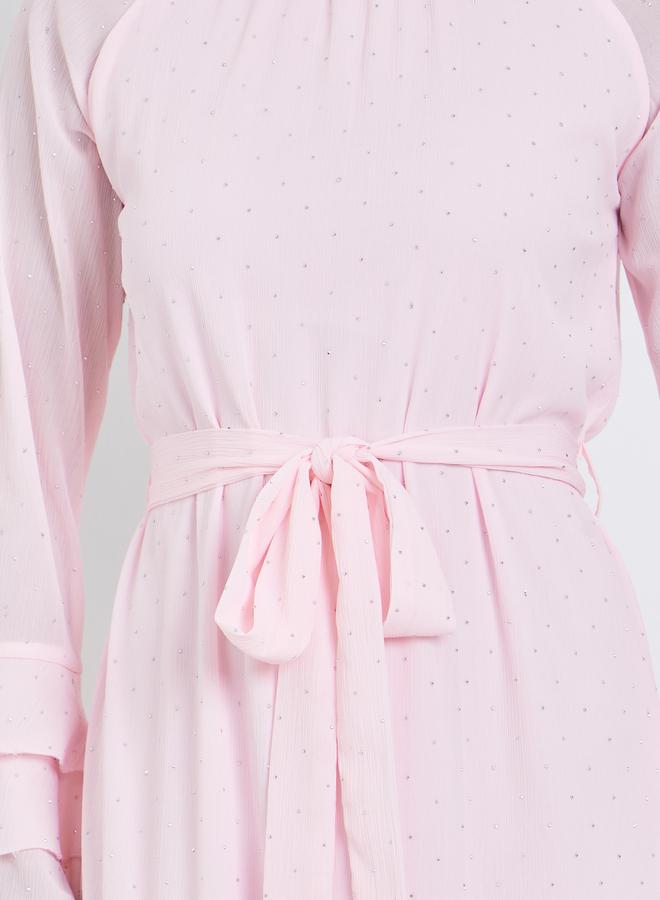 ستايلي فستان طويل بأكمام كشكش وردي - Image 3